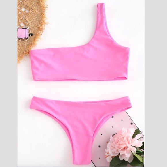 Zaful Other - Unlined One Shoulder Bikini Set - Hot Pink S